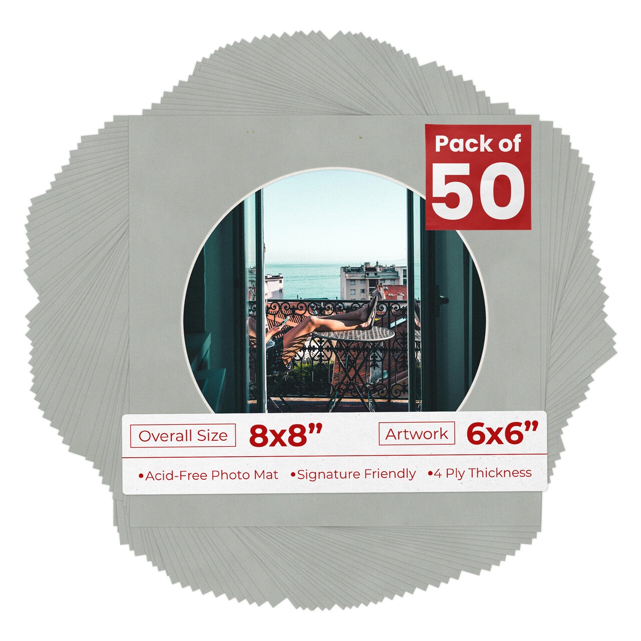 Light Grey Suede Mat Board for 8x8 Frames - Circle Opening for 6x6 Photos